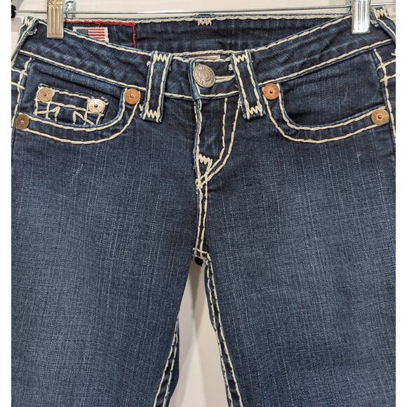 True Religion Big T Low Rise Bootcut Jeans 26‎ Made USA Blue Contrast Stitch - Picture 3 of 8